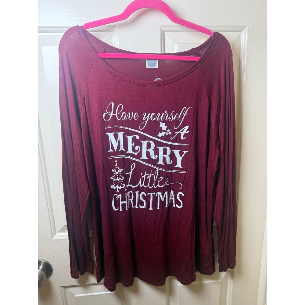 Color Bear Womens Merry Little Christmas Graphic Long Sleeve Tee Burgundy 2XL